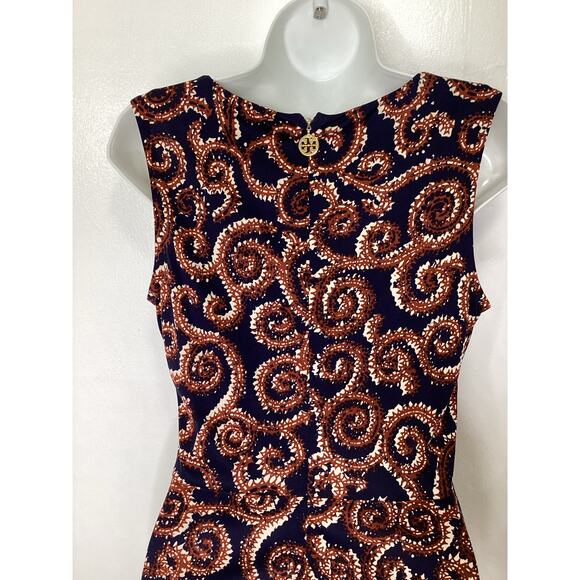 Tory Burch Rust Navy Print Silk Jersey Sleeveless Fitted Dress Zipper S - Picture 6 of 7